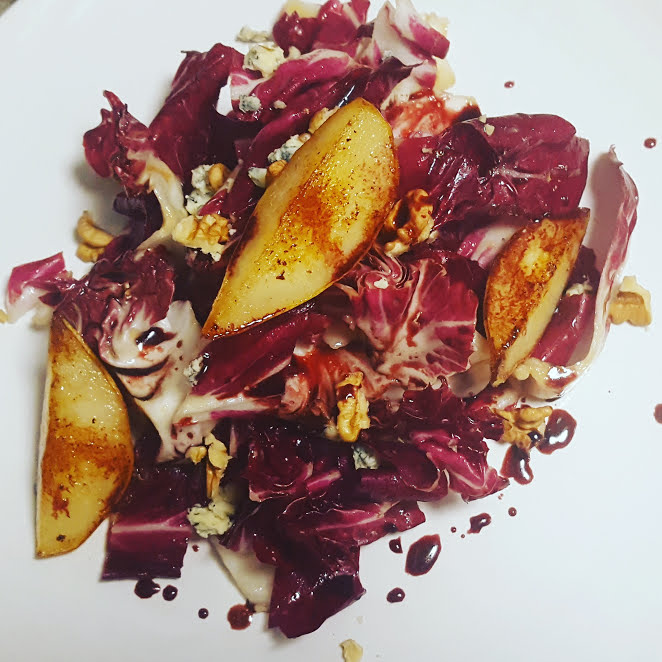 Radicchio, Blue cheese Walnut Salad with pan fried pears and balsamic glaze