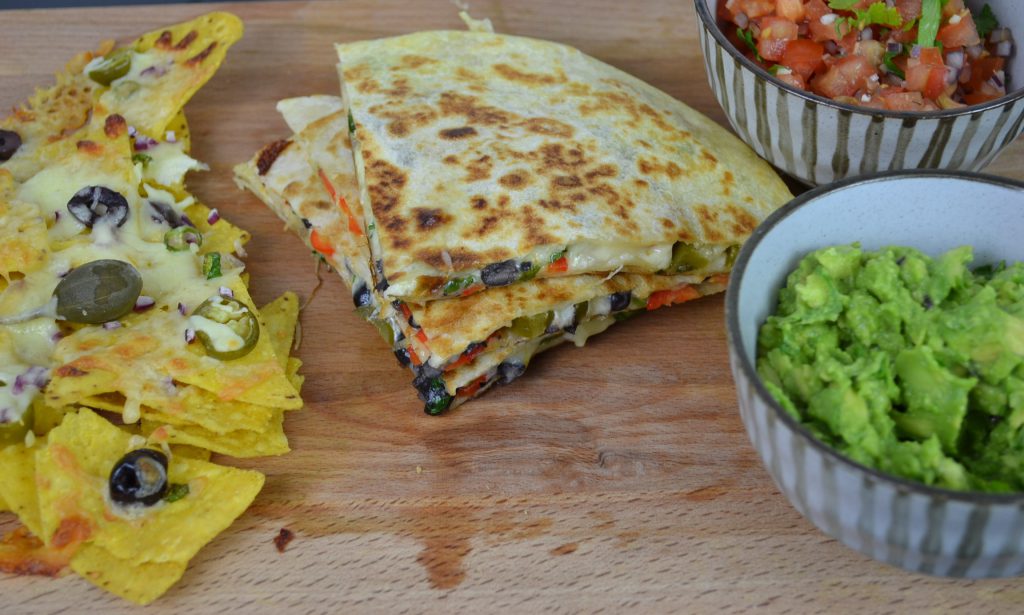 Vegetarian Quesadillas Recipe, Nachos, Guacamole and salsa