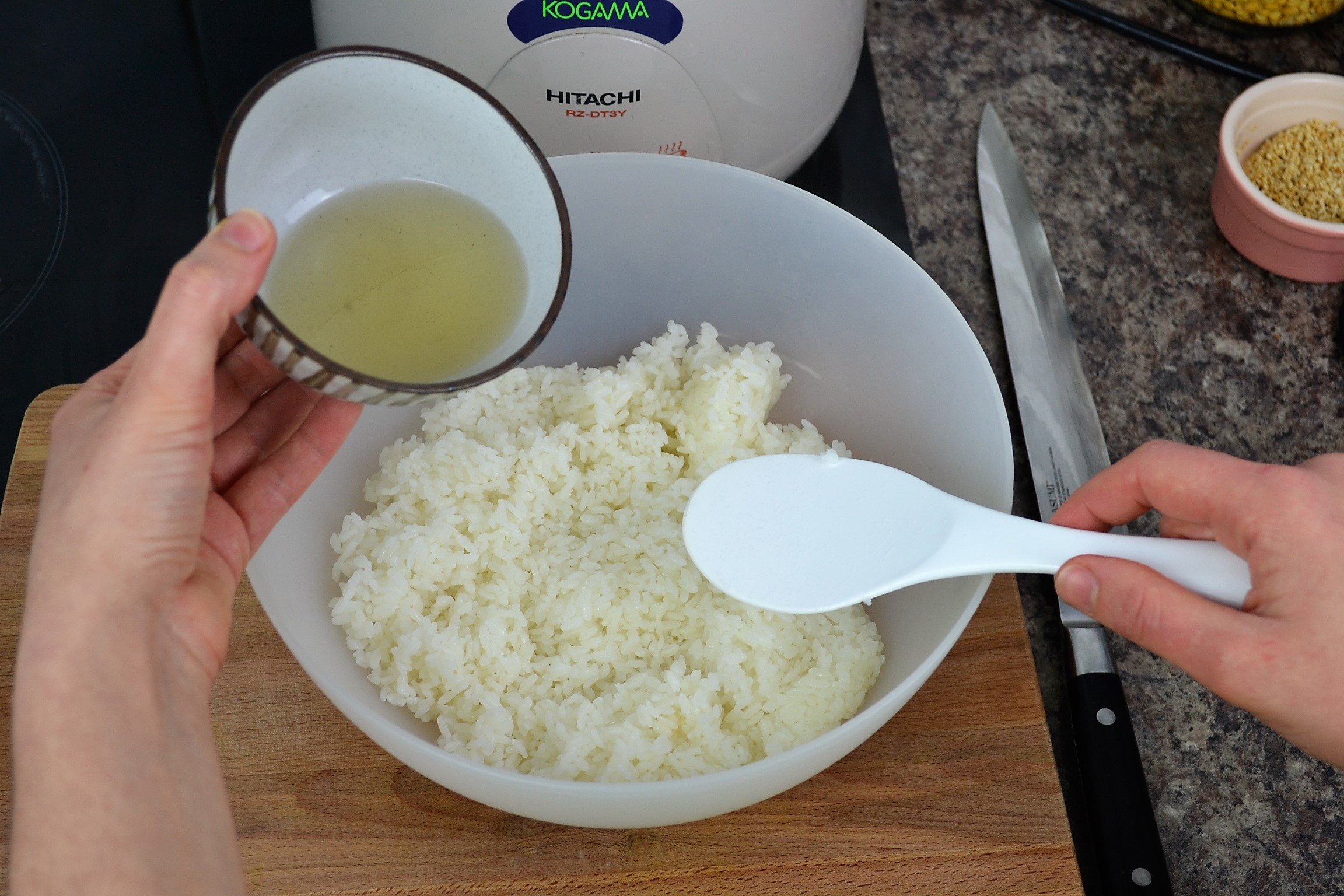 Seasoning the sushi rice for Vegetarian Sushi Rolls dontask4salt.com